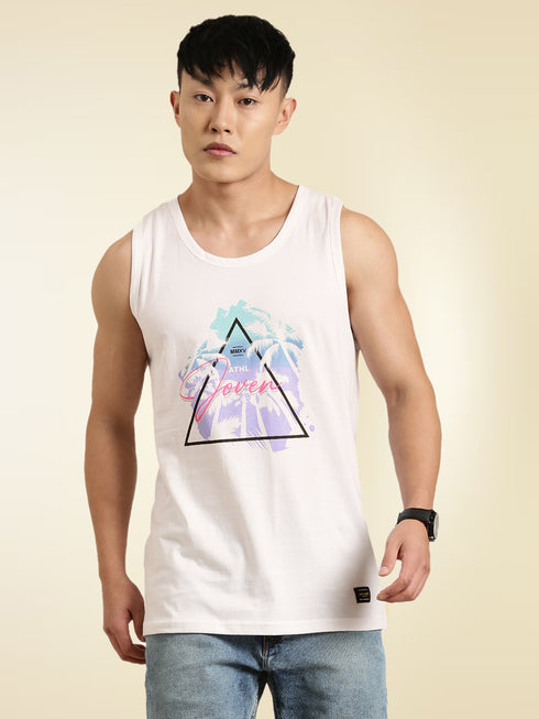 White Printed Crew Neck Tank Top